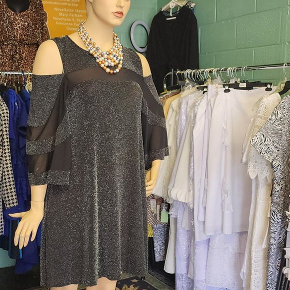 Plus Size Special Event , Cold shoulder Dress, Black and Silver - Picture 1 of 3